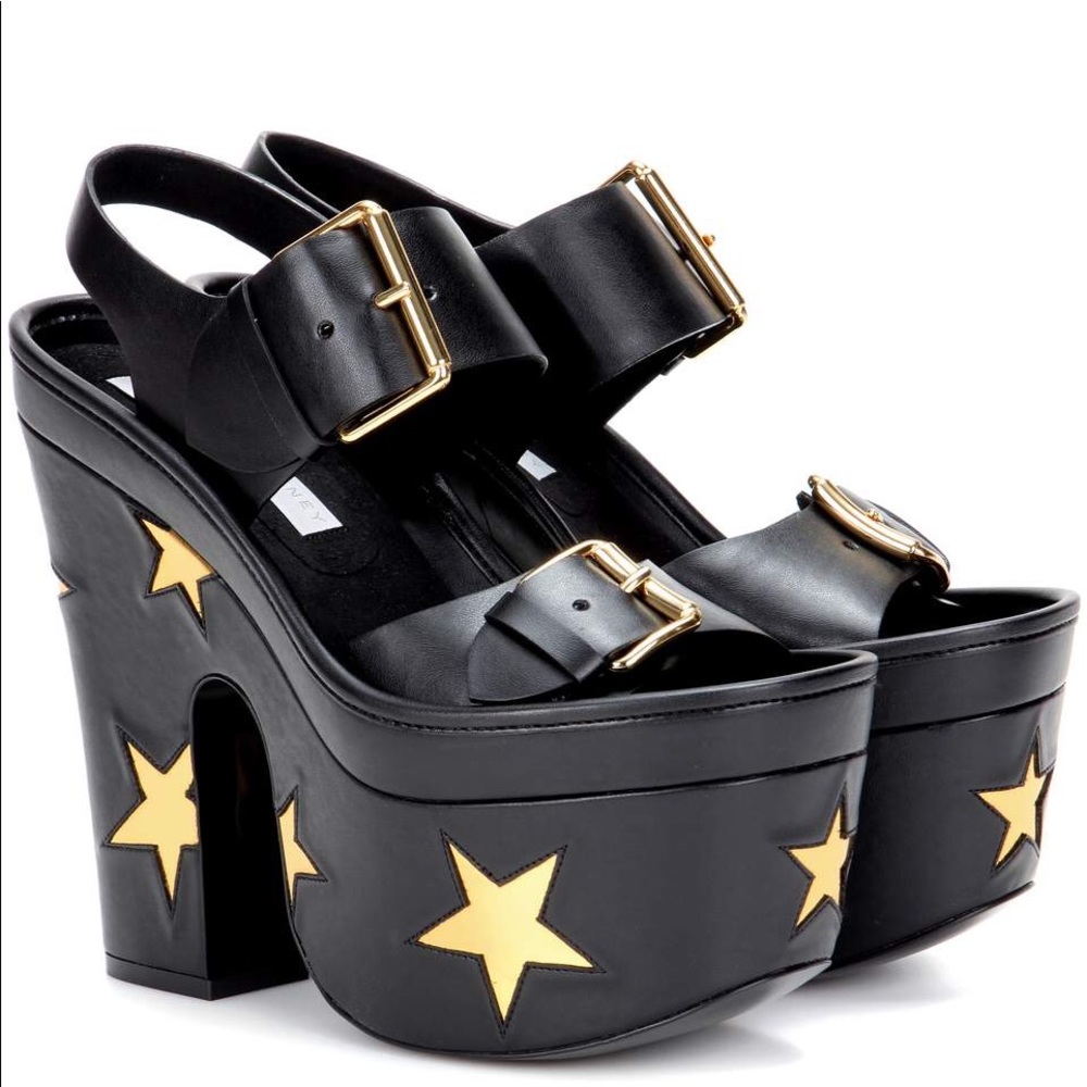 Stella McCartney black gold platform sandals heels